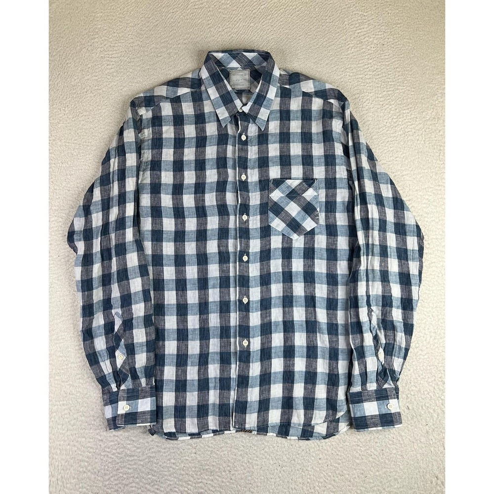 Billy Reid Shirt Mens Large Blue Check Linen Long Sleeve Button Up Italy